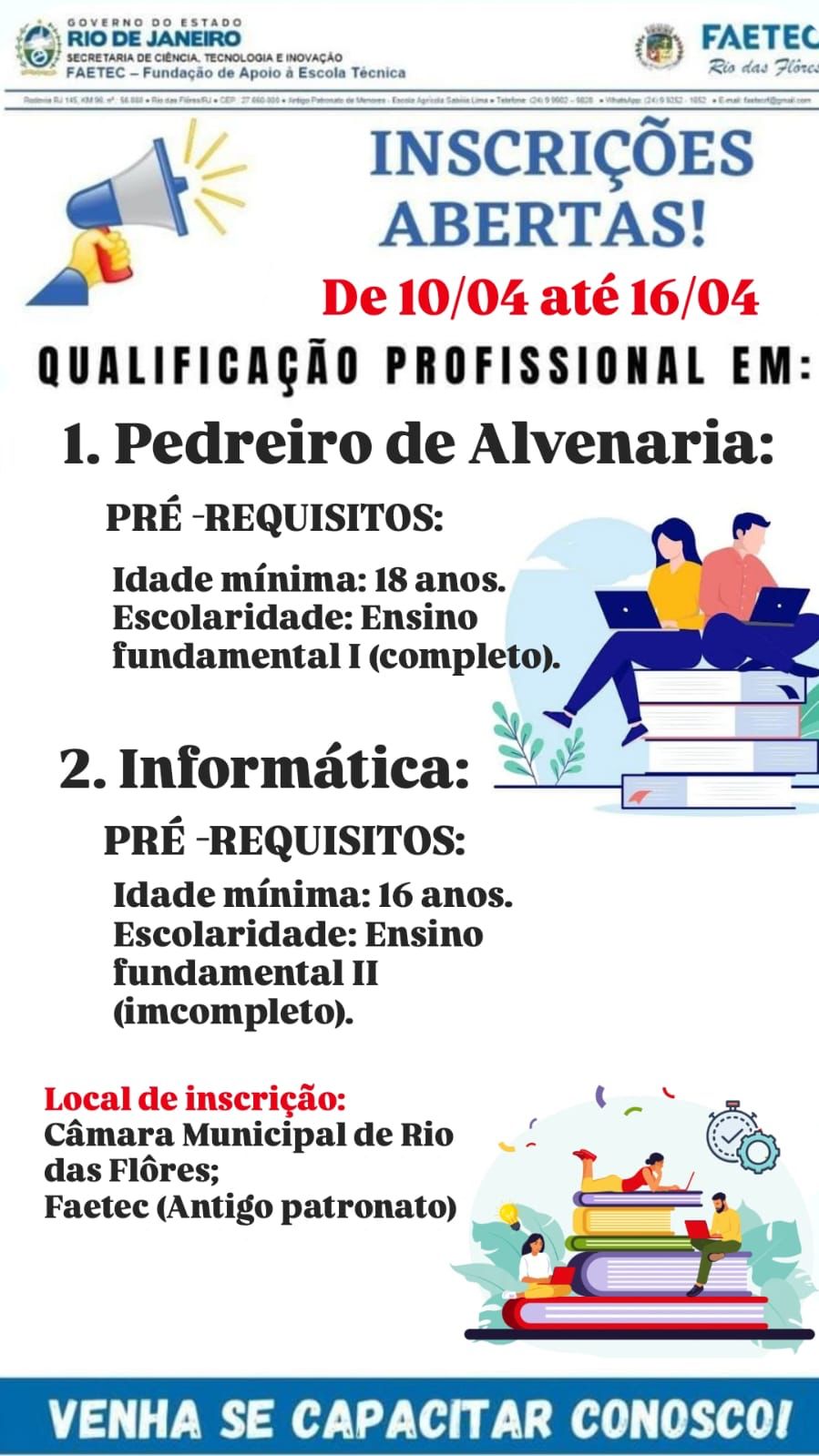  FAETEC Rio das Flôres abre inscrições para cursos gratuitos de Informática e Pedreiro de Alvenaria